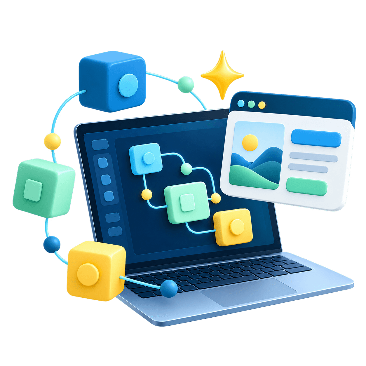 A laptop surrounded by connected software building blocks and a finished application preview