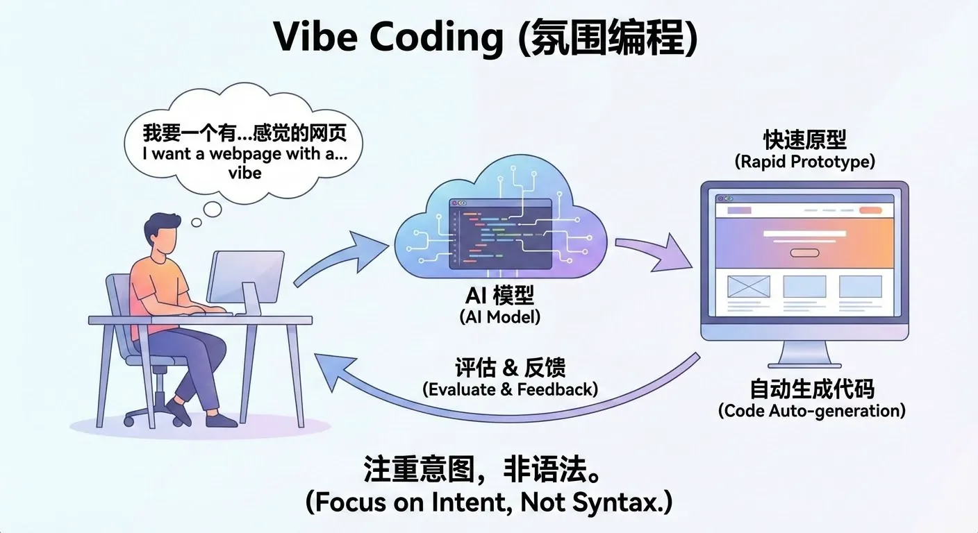 Bilingual Vibe Coding diagram showing a person’s intent, an AI model, a rapid prototype and feedback returning to the person.